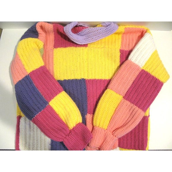 Handmade Crochet Patchwork Jacket Sweater Pink Purple Green Yellow Coral Buttons - Picture 3 of 7